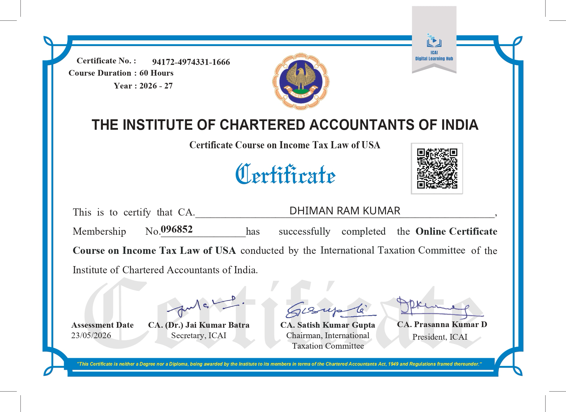 Certificate of Income Tax Law of USA